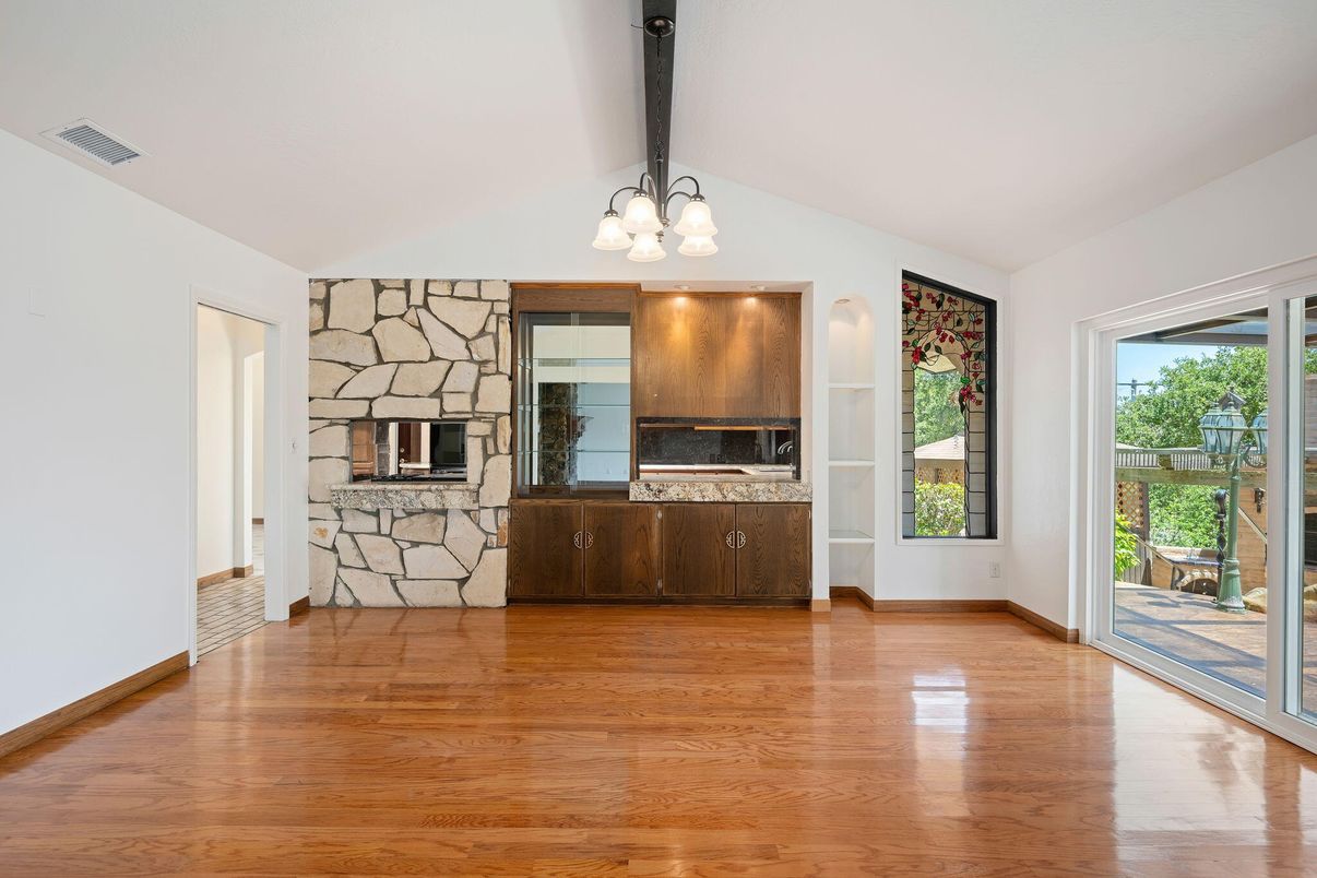 Empty room, Fireplace, Interior, Stone Walls, Wood Texture Flooring