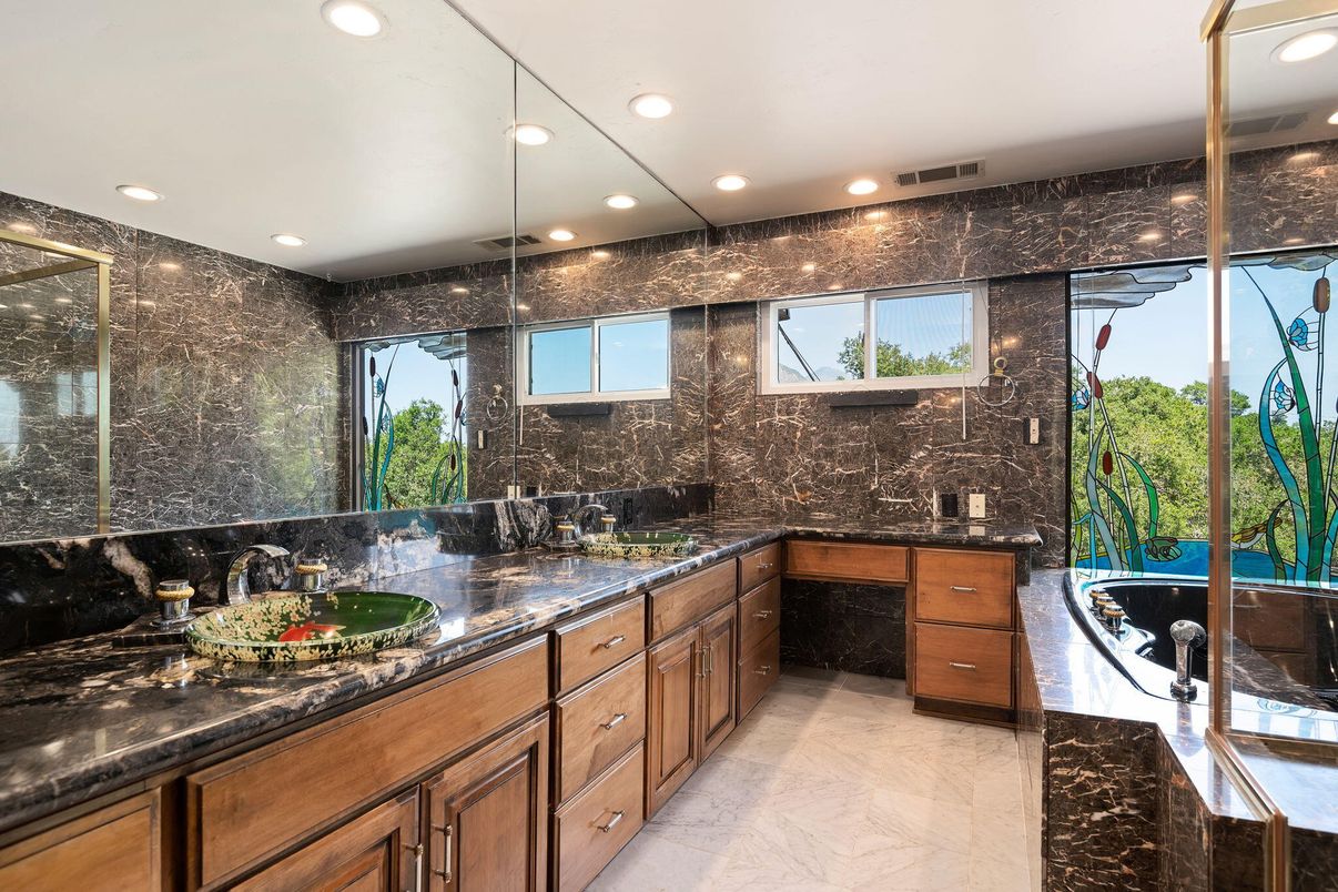 Bathroom, Dual Sink Vanities, Glass Shower, Interior, Marble, Recessed Lighting