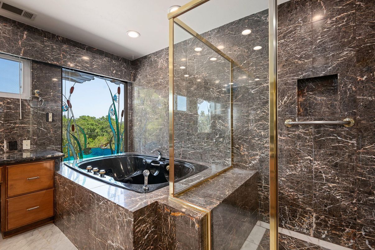 Bathroom, Glass Shower, Interior, Marble, Marble Walls, Recessed Lighting