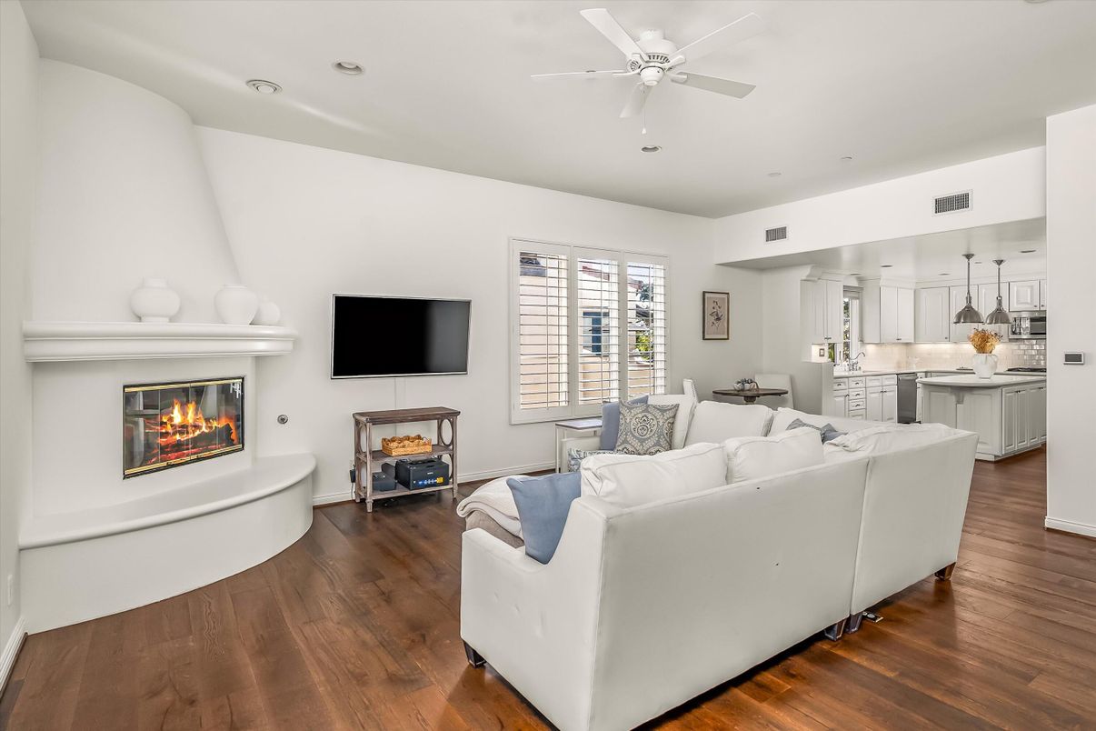 Fireplace, Interior, Kitchen, Living room, Recessed Lighting, Wood Texture Flooring