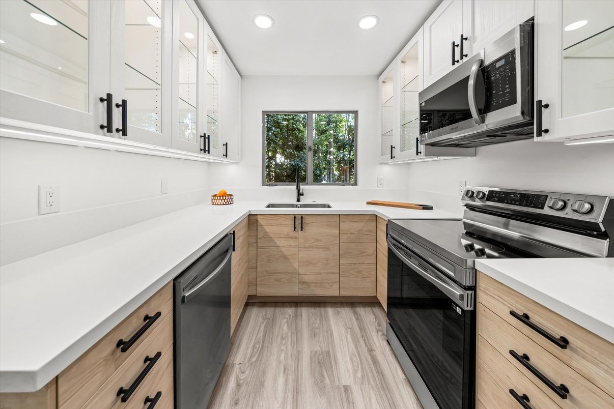 Interior, Kitchen, Recessed Lighting, Stainless Steel Appliances, Wood Texture Flooring