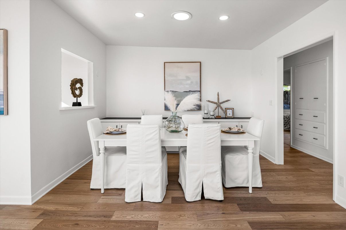 Dining room, Interior, Recessed Lighting, Wood Texture Flooring