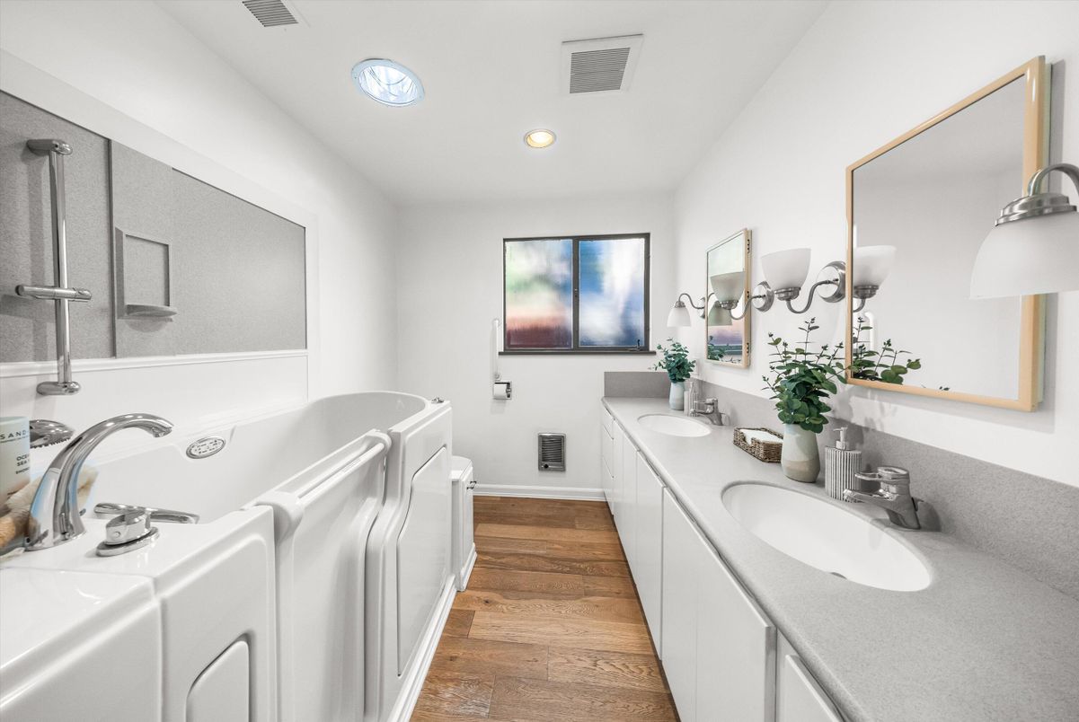 Bathroom, Dual Sink Vanities, Interior, Recessed Lighting, Wood Texture Flooring