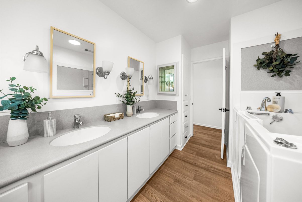 Bathroom, Dual Sink Vanities, Interior, Recessed Lighting, Wood Texture Flooring