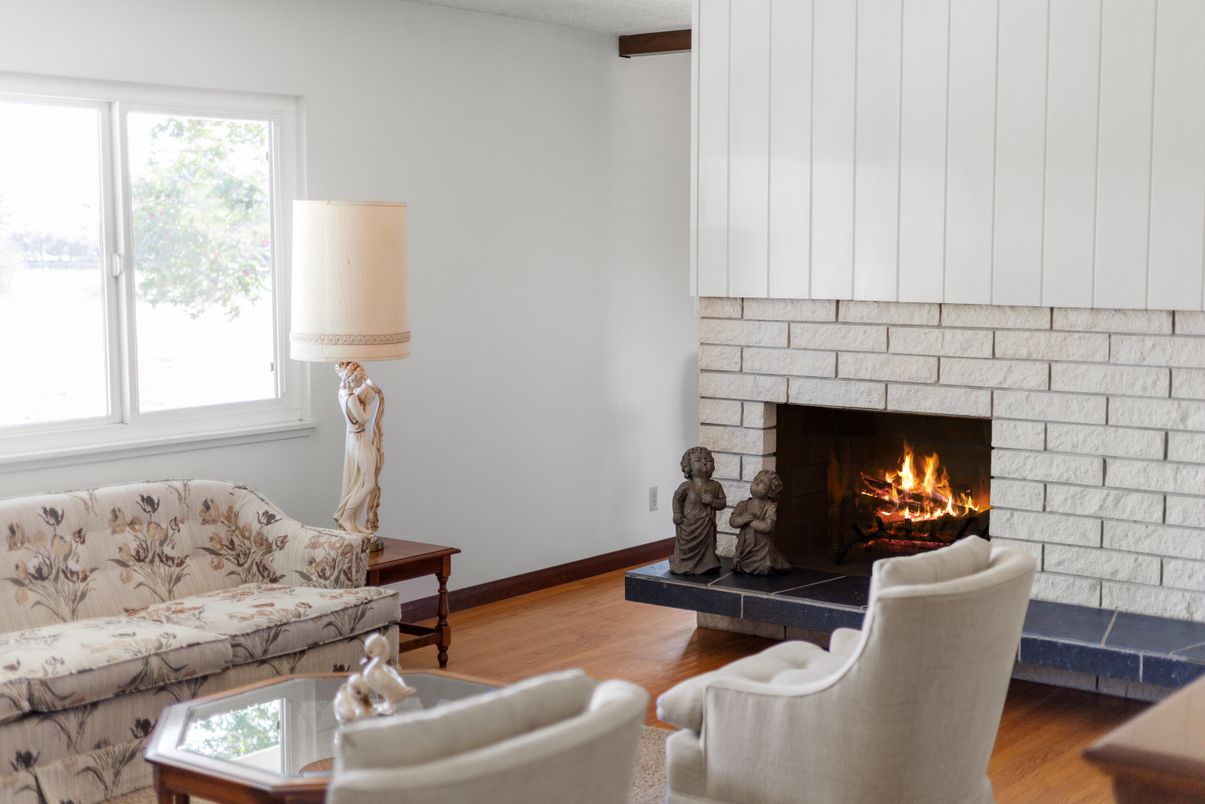 Fireplace, Interior, Living room, Stone Walls, Wood Texture Flooring