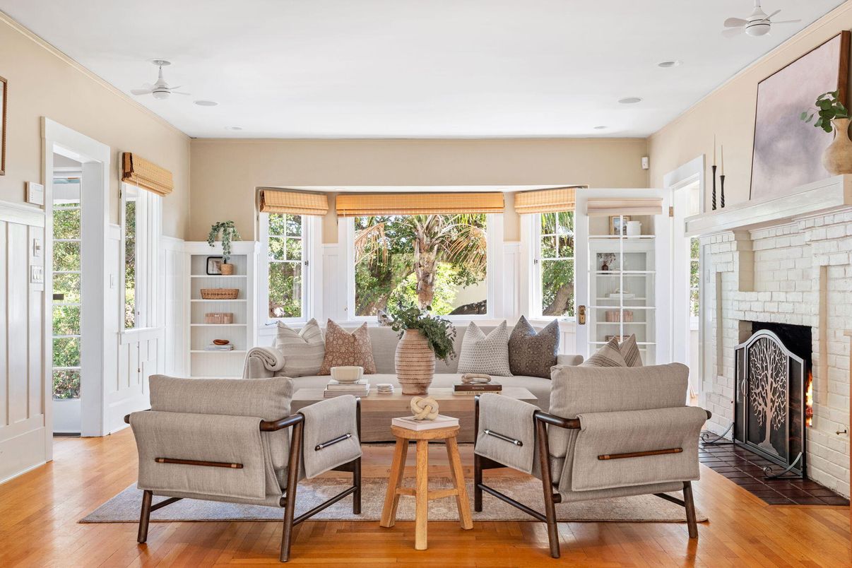 Fireplace, Interior, Living room, Recessed Lighting, Stone Walls, Wood Texture Flooring