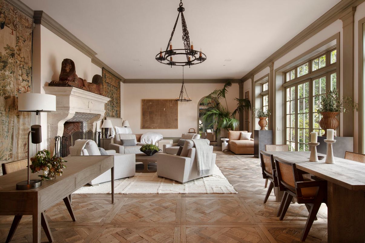 Chandelier, Dining room, Fireplace, Interior, Living room, Pendant Lights, Wood Texture Flooring