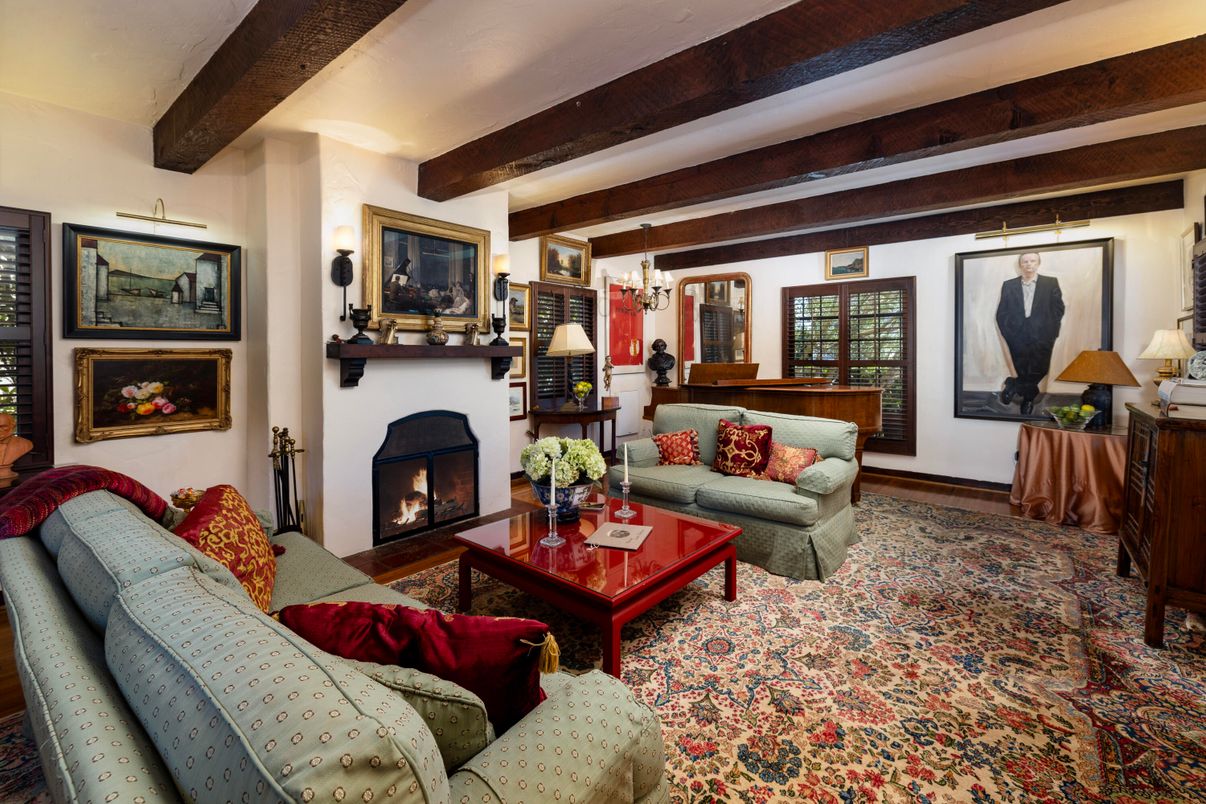 Chandelier, Fireplace, Interior, Living room, Wooden Beams