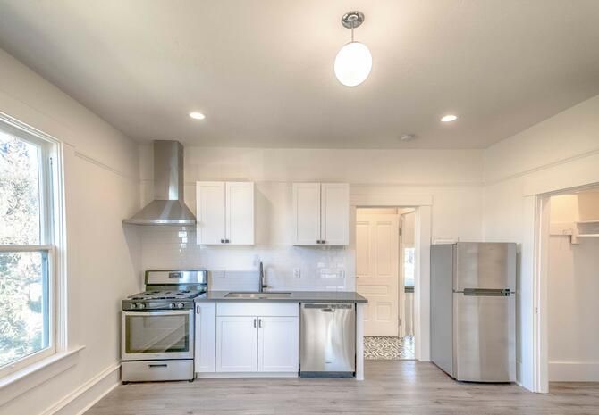 Interior, Kitchen, Pendant Lights, Recessed Lighting, Stainless Steel Appliances, Wood Texture Flooring