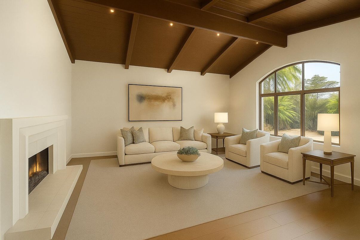 Fireplace, Interior, Living room, Recessed Lighting, Wooden Beams, Wooden Ceilings