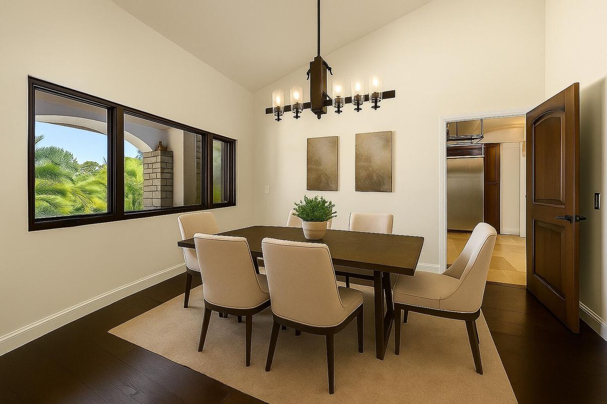 Chandelier, Dining room, Interior, Kitchen, Pendant Lights, Stainless Steel Appliances, Wood Texture Flooring