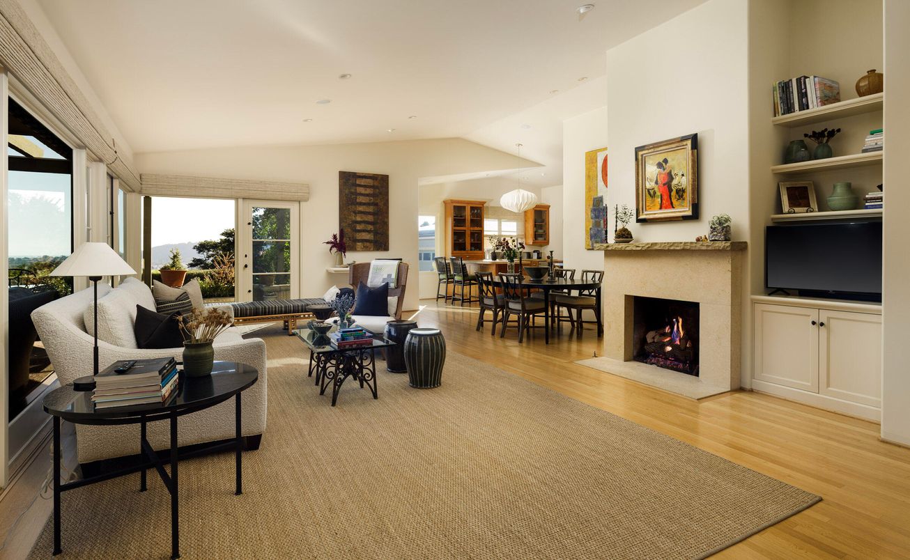 Dining room, Fireplace, Interior, Living room, Recessed Lighting, Wood Texture Flooring