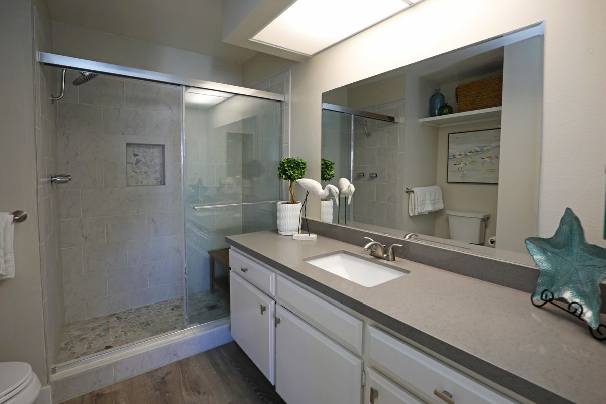 Bathroom, Glass Shower, Interior, Wood Texture Flooring