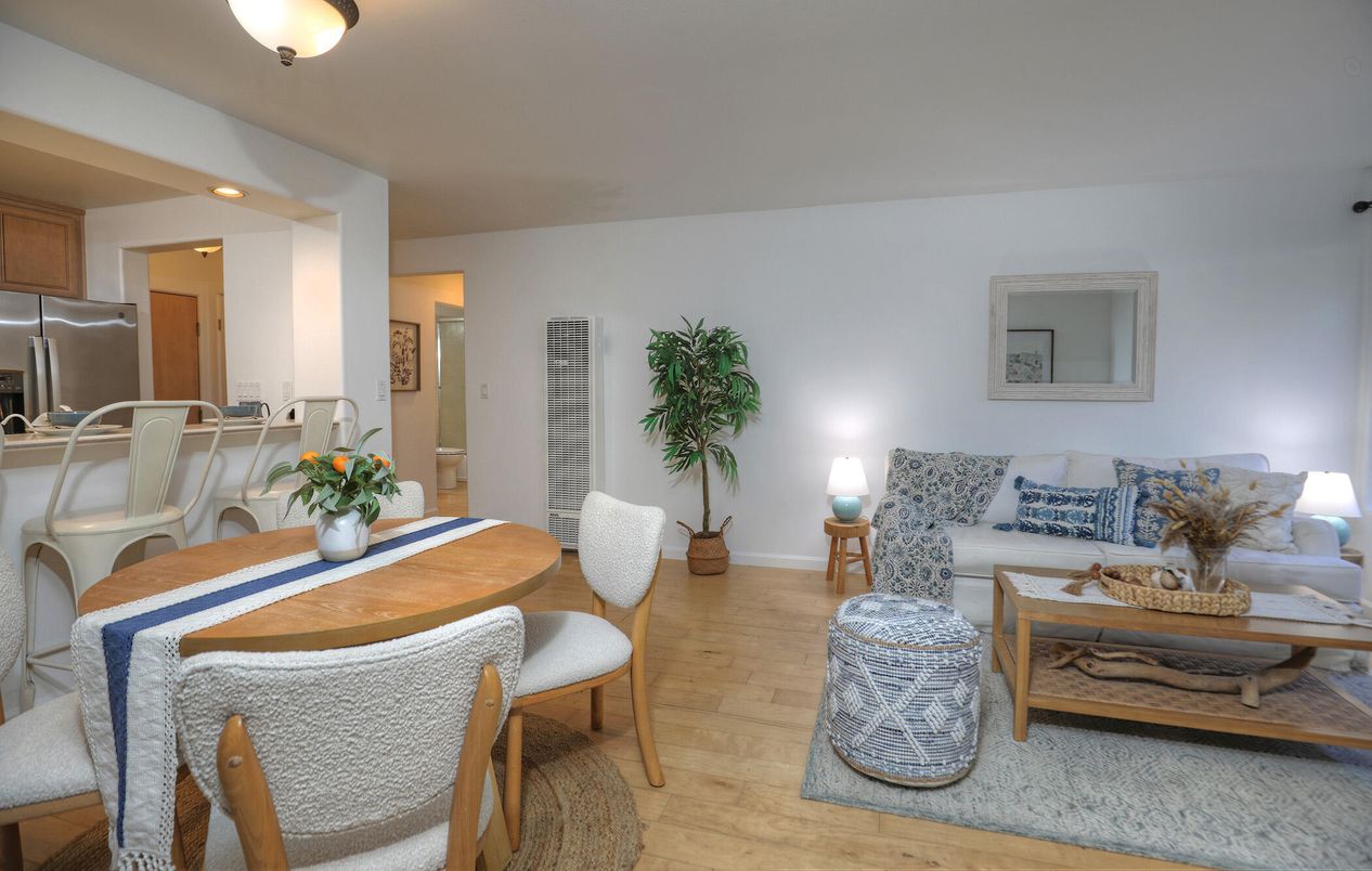 Dining room, Interior, Kitchen, Living room, Recessed Lighting, Stainless Steel Appliances, Wood Texture Flooring