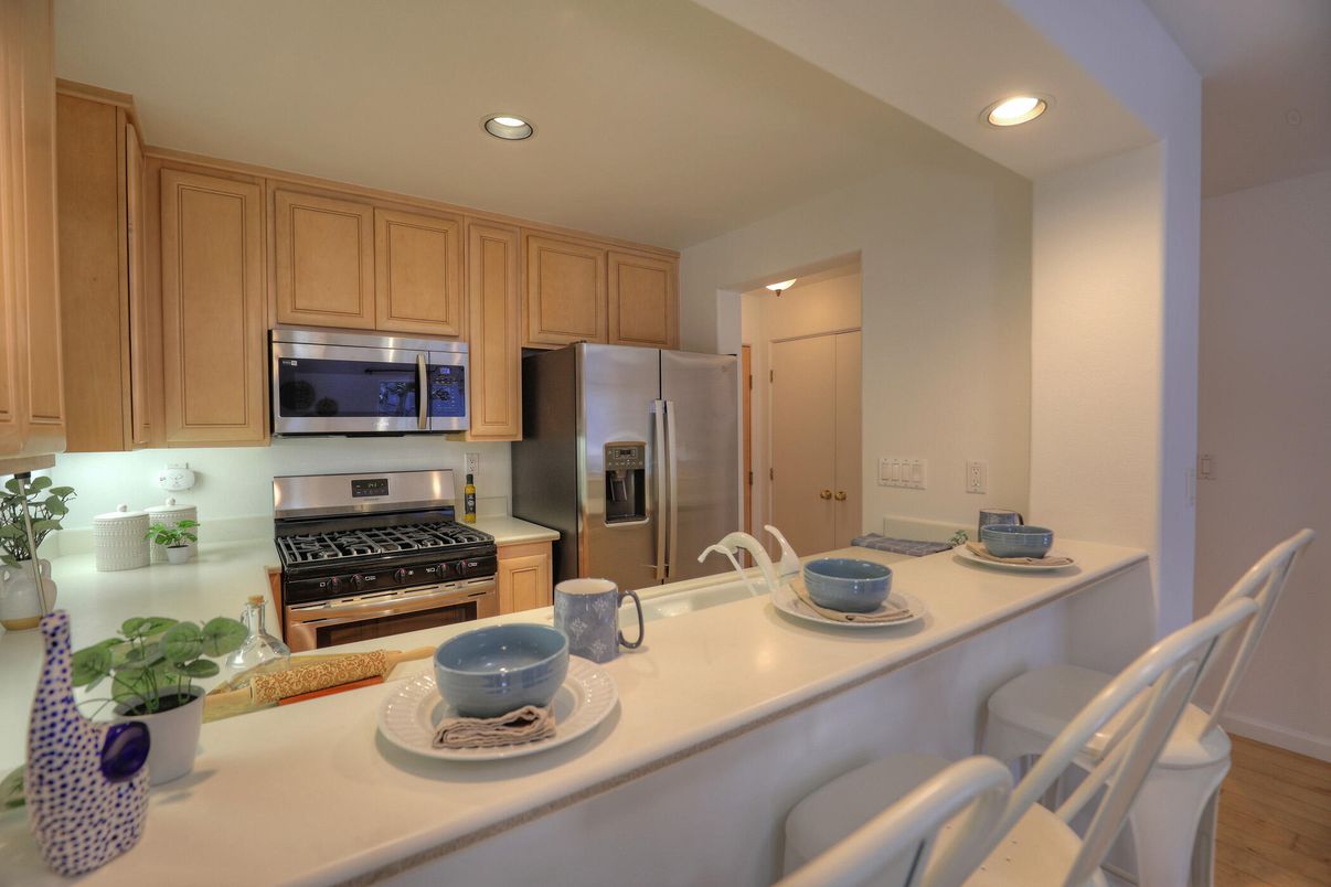 Interior, Kitchen, Recessed Lighting, Stainless Steel Appliances, Wood Texture Flooring