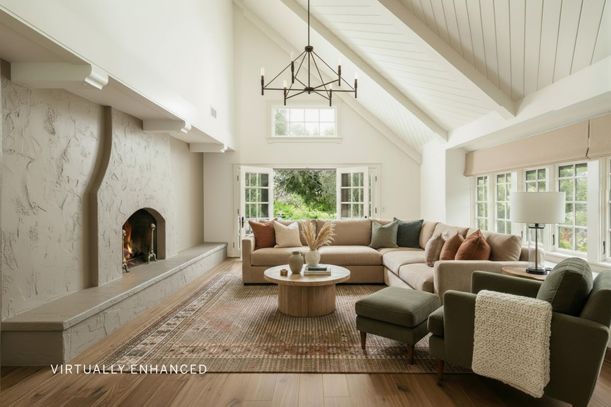 Fireplace, Interior, Living room, Pendant Lights, Wood Texture Flooring
