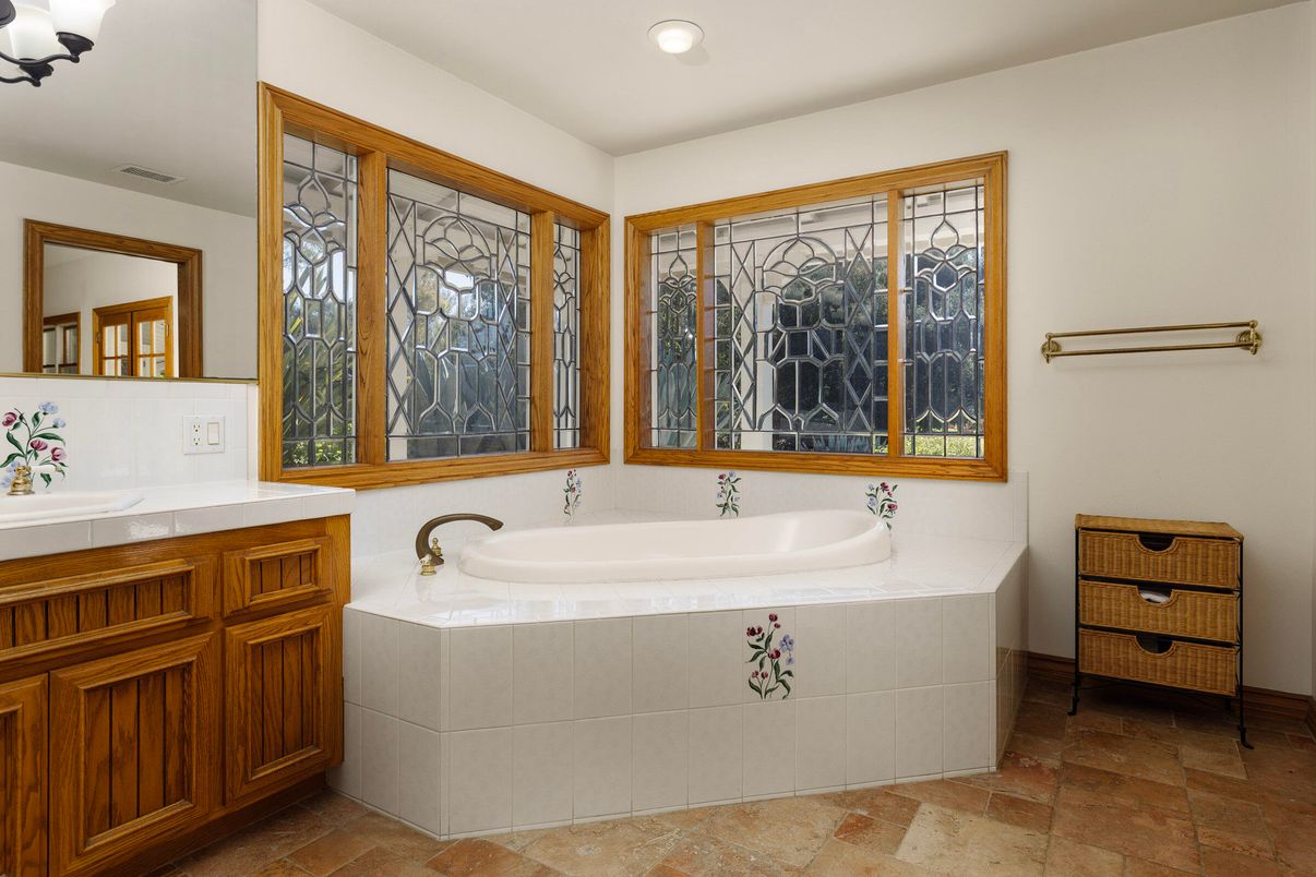 Bathroom, Dual Sink Vanities, Interior, Recessed Lighting, Tile Countertops