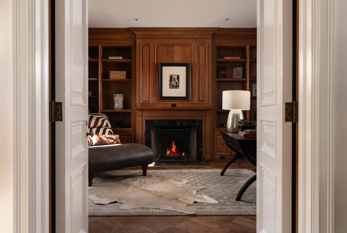 Fireplace, Home Office, Interior, Recessed Lighting, Wood Texture Flooring, Wooden Walls