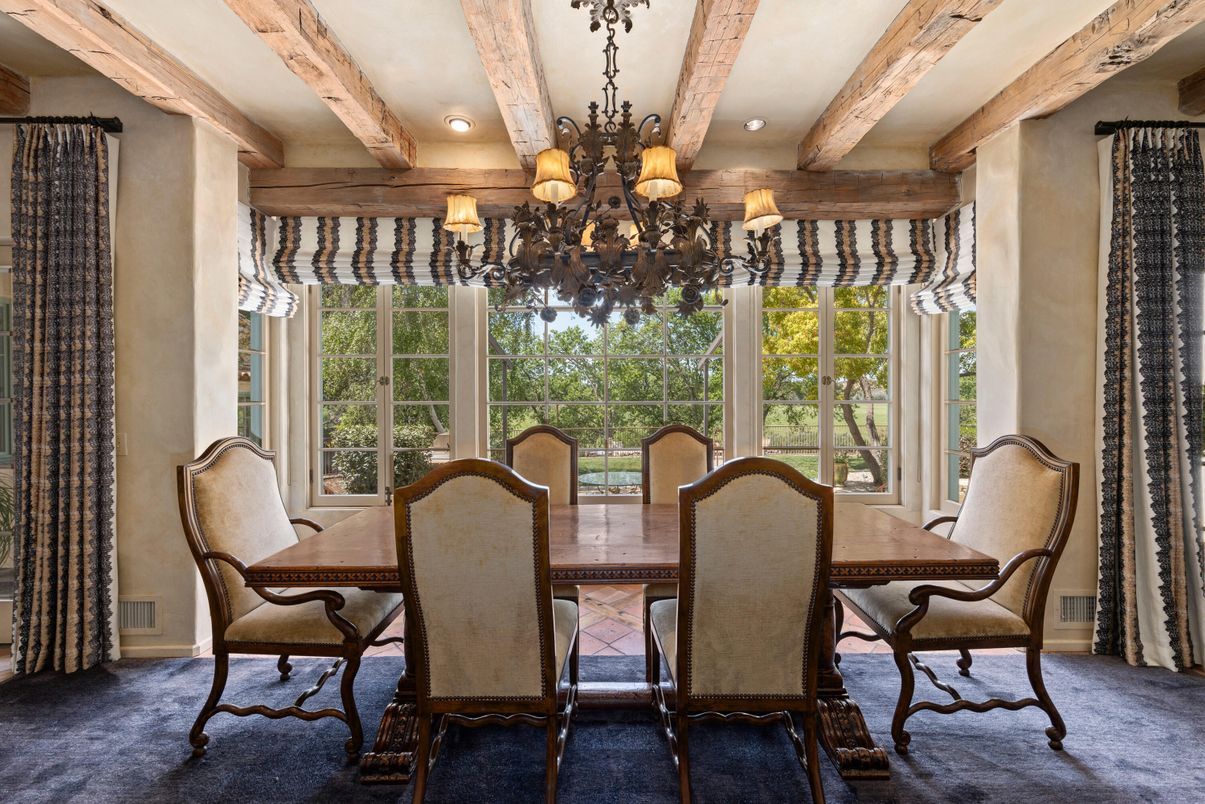 Chandelier, Dining room, Interior, Recessed Lighting, Wooden Beams