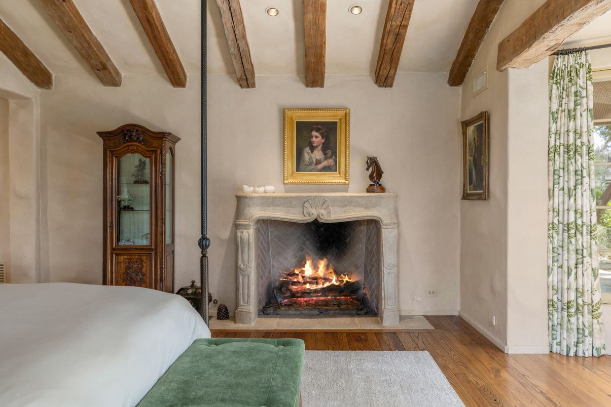 Bedroom, Fireplace, Interior, Recessed Lighting, Wooden Beams, Wood Texture Flooring