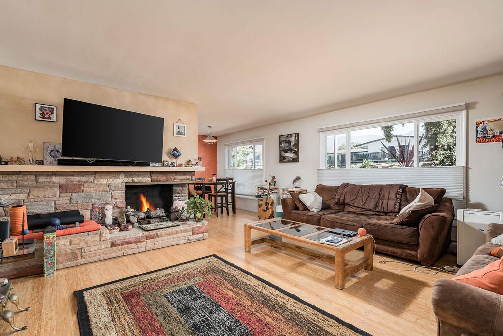 Dining room, Fireplace, Interior, Living room, Pendant Lights, Wood Texture Flooring
