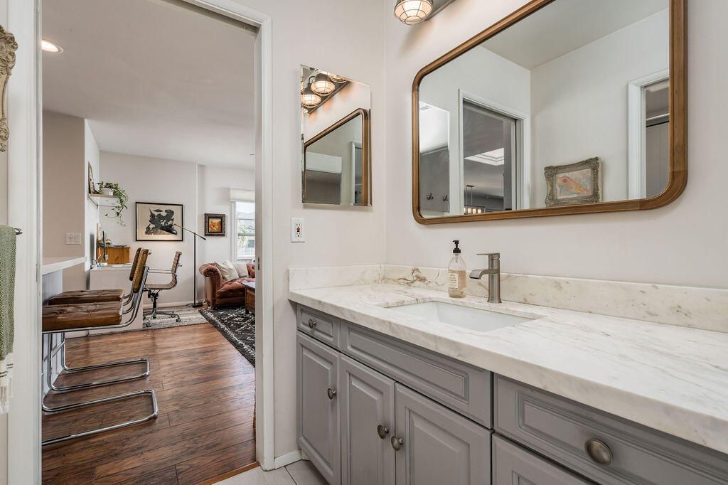 Bathroom, Dual Sink Vanities, Interior, Recessed Lighting, Wood Texture Flooring