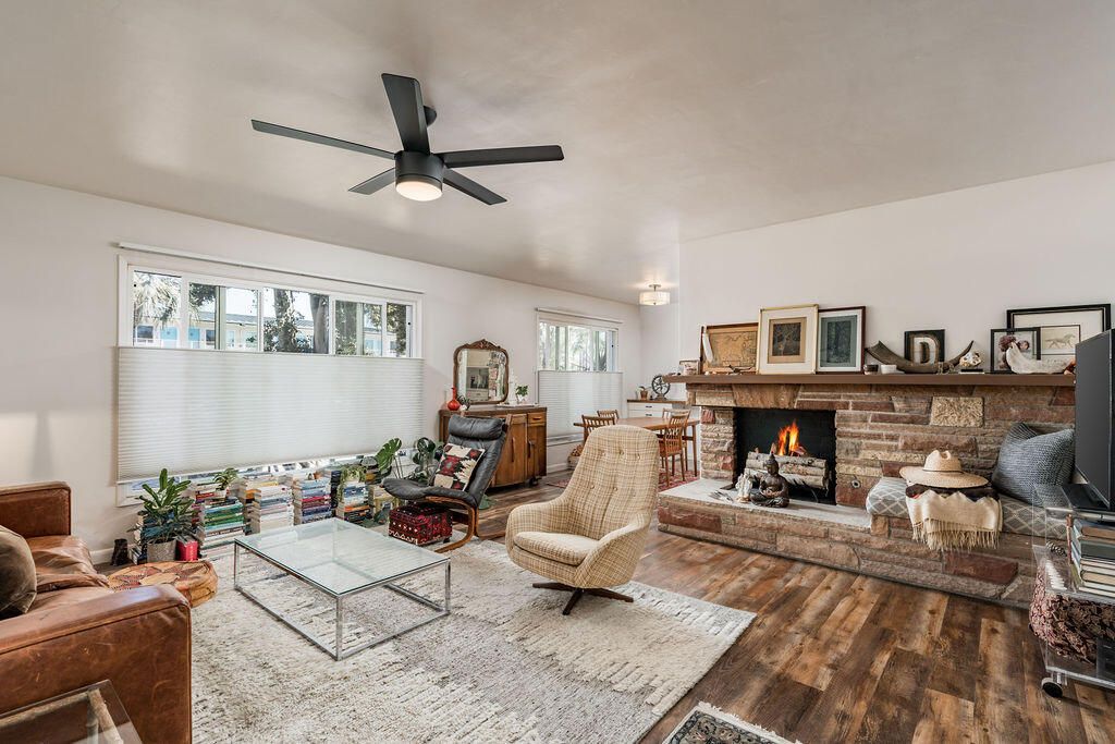 Fireplace, Interior, Living room, Stone Walls, Wood Texture Flooring