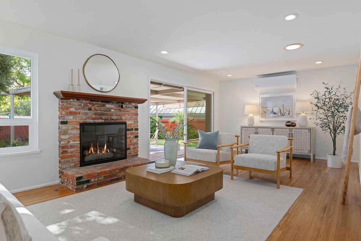 Fireplace, Interior, Living room, Recessed Lighting, Wood Texture Flooring