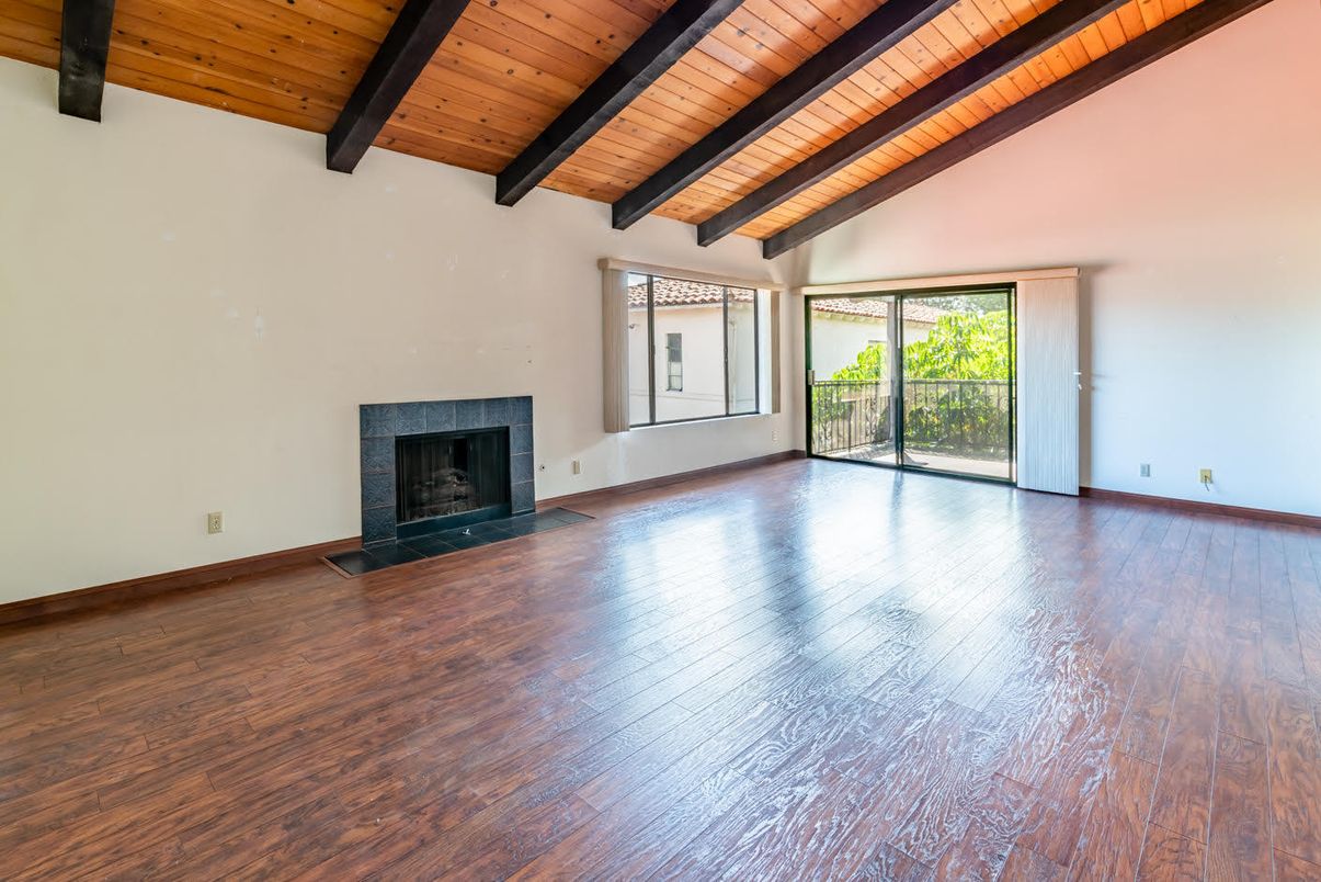 Empty room, Fireplace, Interior, Wooden Beams, Wooden Ceilings, Wood Texture Flooring