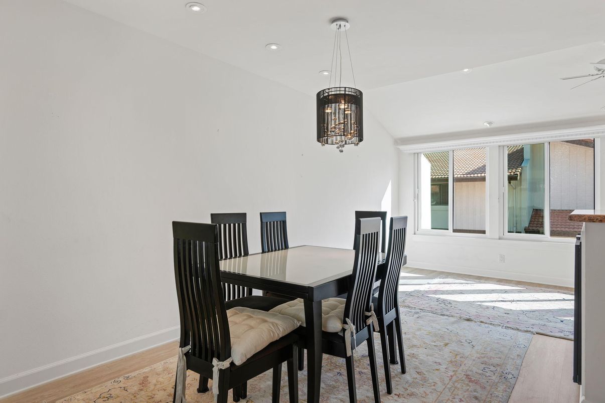 Dining room, Interior, Pendant Lights, Recessed Lighting, Wood Texture Flooring