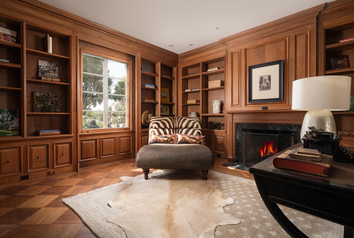 Fireplace, Interior, Recessed Lighting, Wood Texture Flooring, Wooden Walls