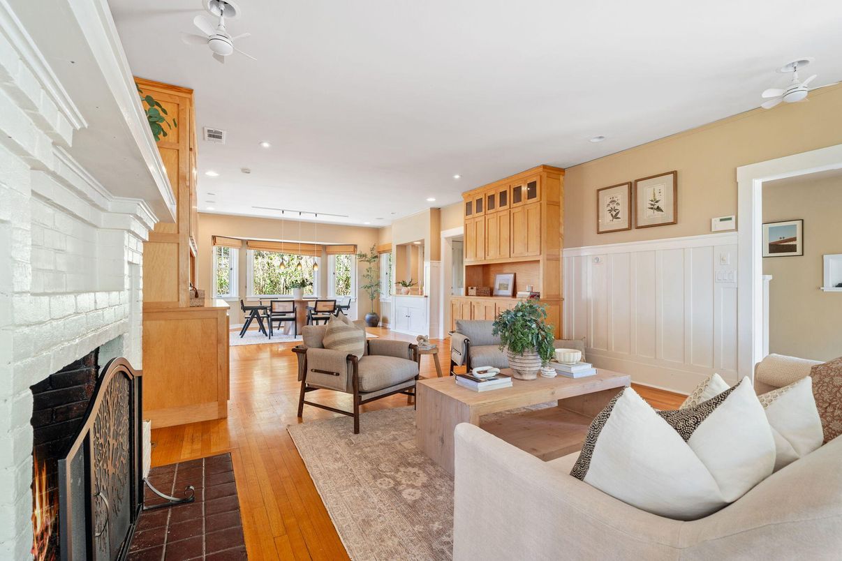 Dining room, Fireplace, Interior, Living room, Pendant Lights, Recessed Lighting, Wood Texture Flooring