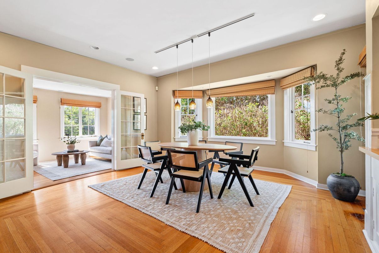 Dining room, Interior, Pendant Lights, Recessed Lighting, Wood Texture Flooring