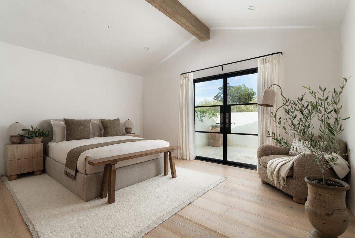 Bedroom, Interior, Recessed Lighting, Wooden Beams, Wood Texture Flooring