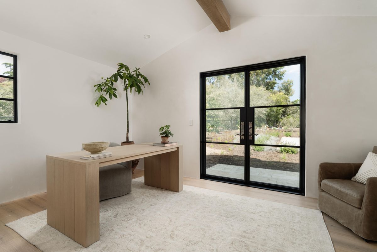 Home Office, Interior, Recessed Lighting, Wooden Beams, Wood Texture Flooring