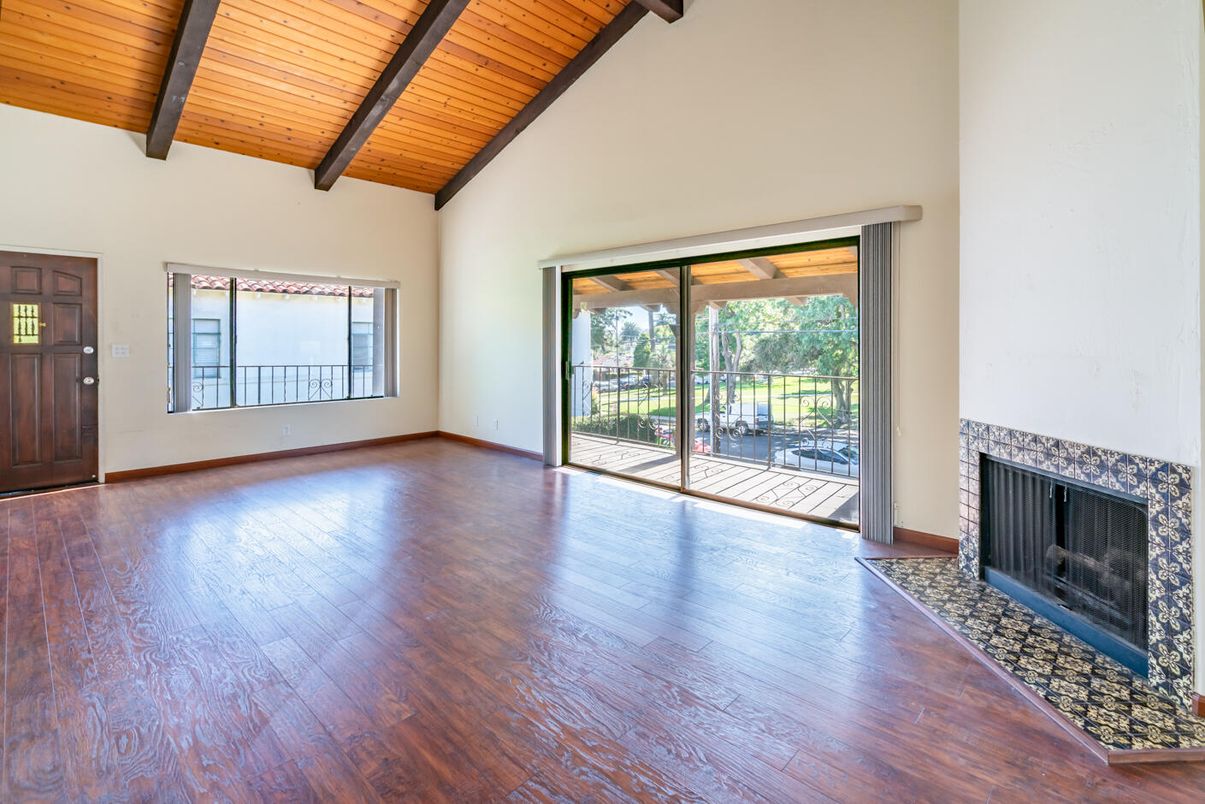Empty room, Fireplace, Interior, Wooden Beams, Wooden Ceilings, Wood Texture Flooring
