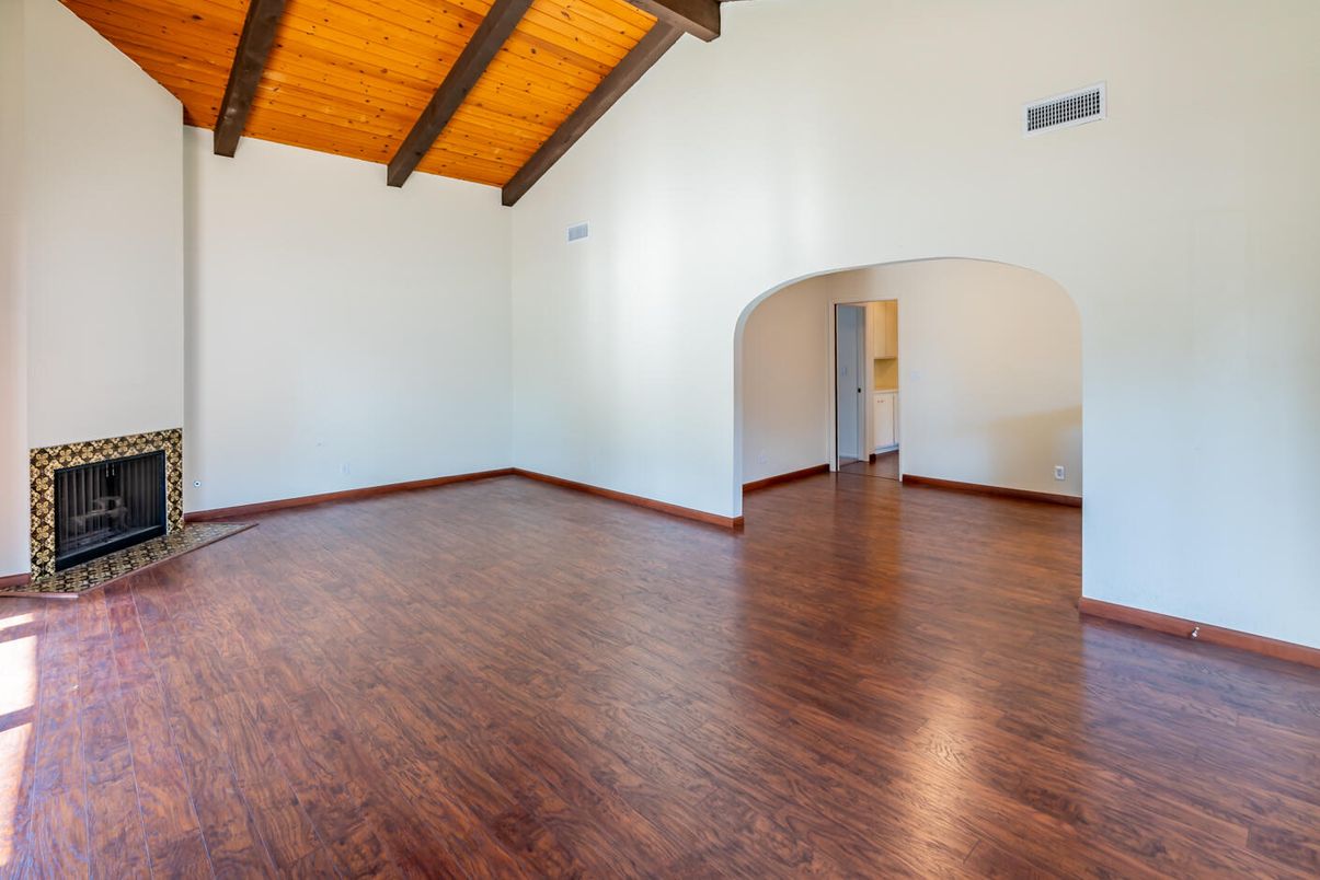 Empty room, Fireplace, Interior, Wooden Beams, Wooden Ceilings, Wood Texture Flooring