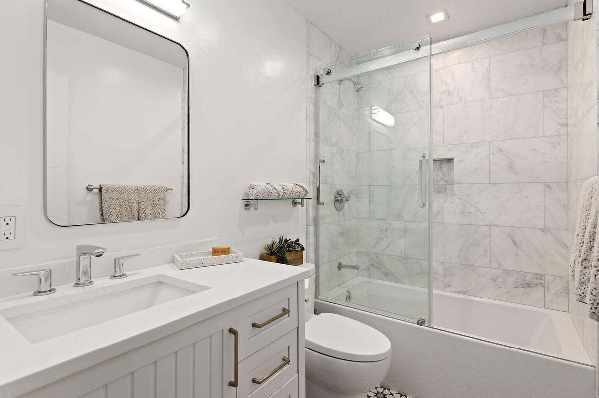 Bathroom, Glass Shower, Interior, Marble Walls, Recessed Lighting