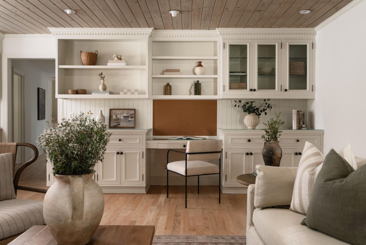 Home Office, Interior, Recessed Lighting, Wooden Ceilings, Wood Texture Flooring