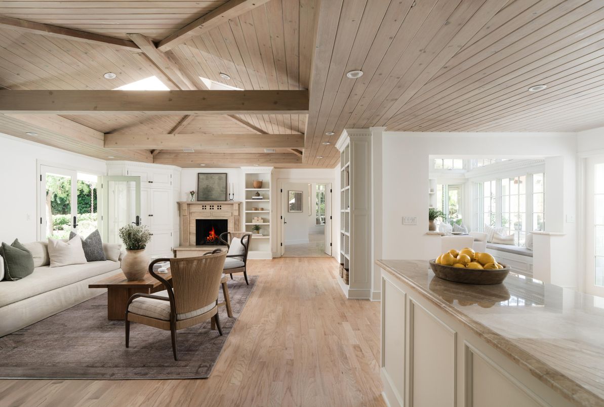 Fireplace, Interior, Living room, Recessed Lighting, Wooden Beams, Wooden Ceilings, Wood Texture Flooring