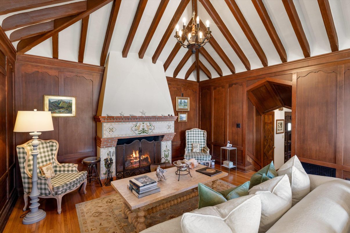 Chandelier, Fireplace, Interior, Living room, Wooden Beams, Wood Texture Flooring, Wooden Walls