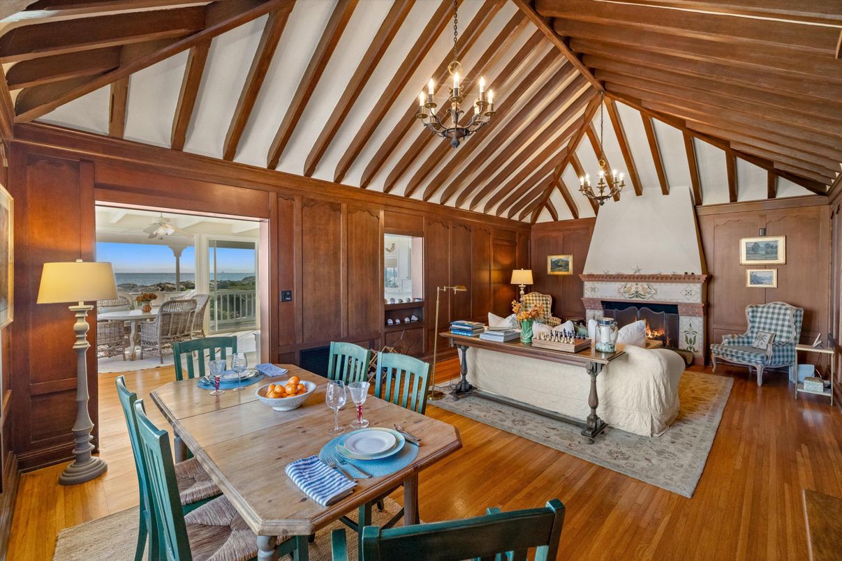 Chandelier, Dining room, Fireplace, Interior, Living room, Water, Wooden Beams, Wooden Ceilings, Wood Texture Flooring, Wooden Walls