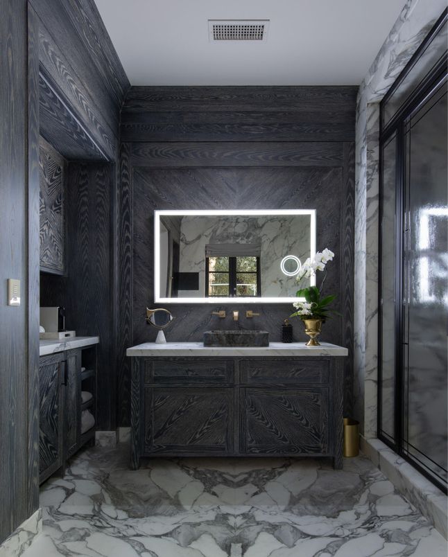 Bathroom, Glass Shower, Interior, Marble, Marble Walls, Wooden Walls