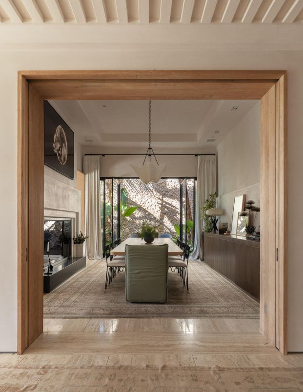 Dining room, Fireplace, Interior, Pendant Lights, Wood Texture Flooring