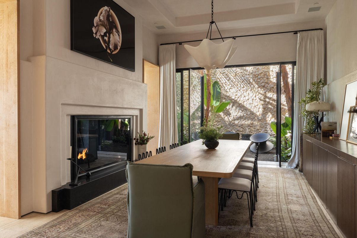 Dining room, Fireplace, Interior, Pendant Lights