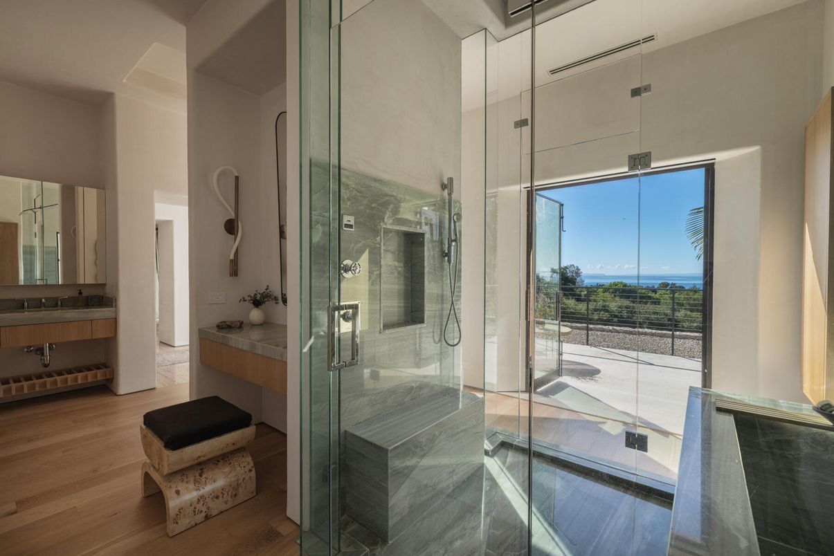Bathroom, Glass Shower, Interior, Water, Wood Texture Flooring