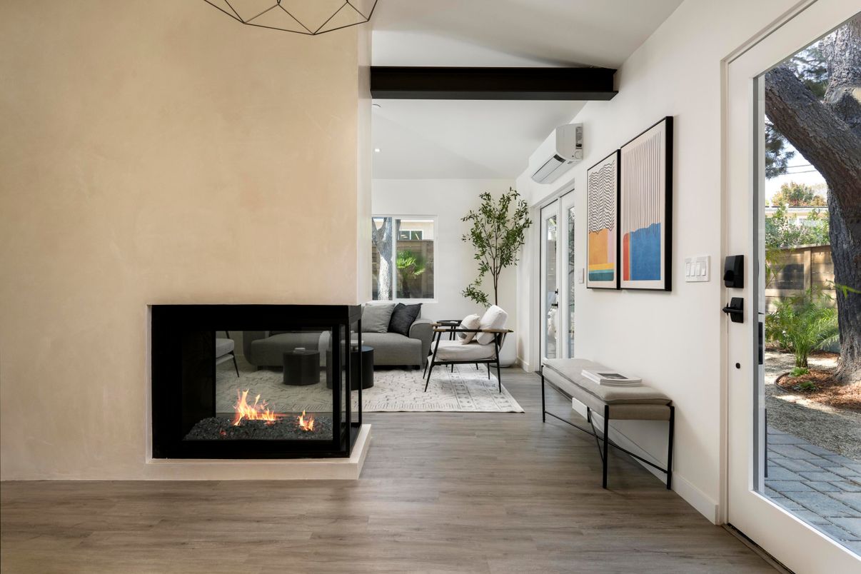 Fireplace, Interior, Living room, Recessed Lighting, Wood Texture Flooring