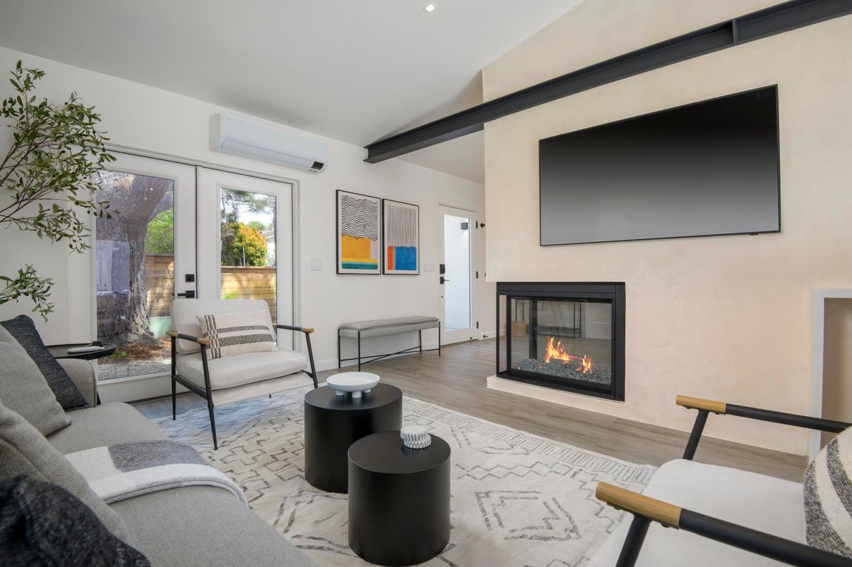 Fireplace, Interior, Living room, Recessed Lighting, Wooden Beams, Wood Texture Flooring