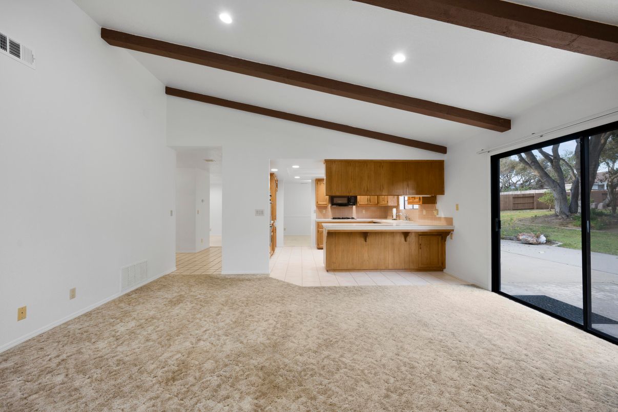 Empty room, Interior, Kitchen, Recessed Lighting, Wooden Beams