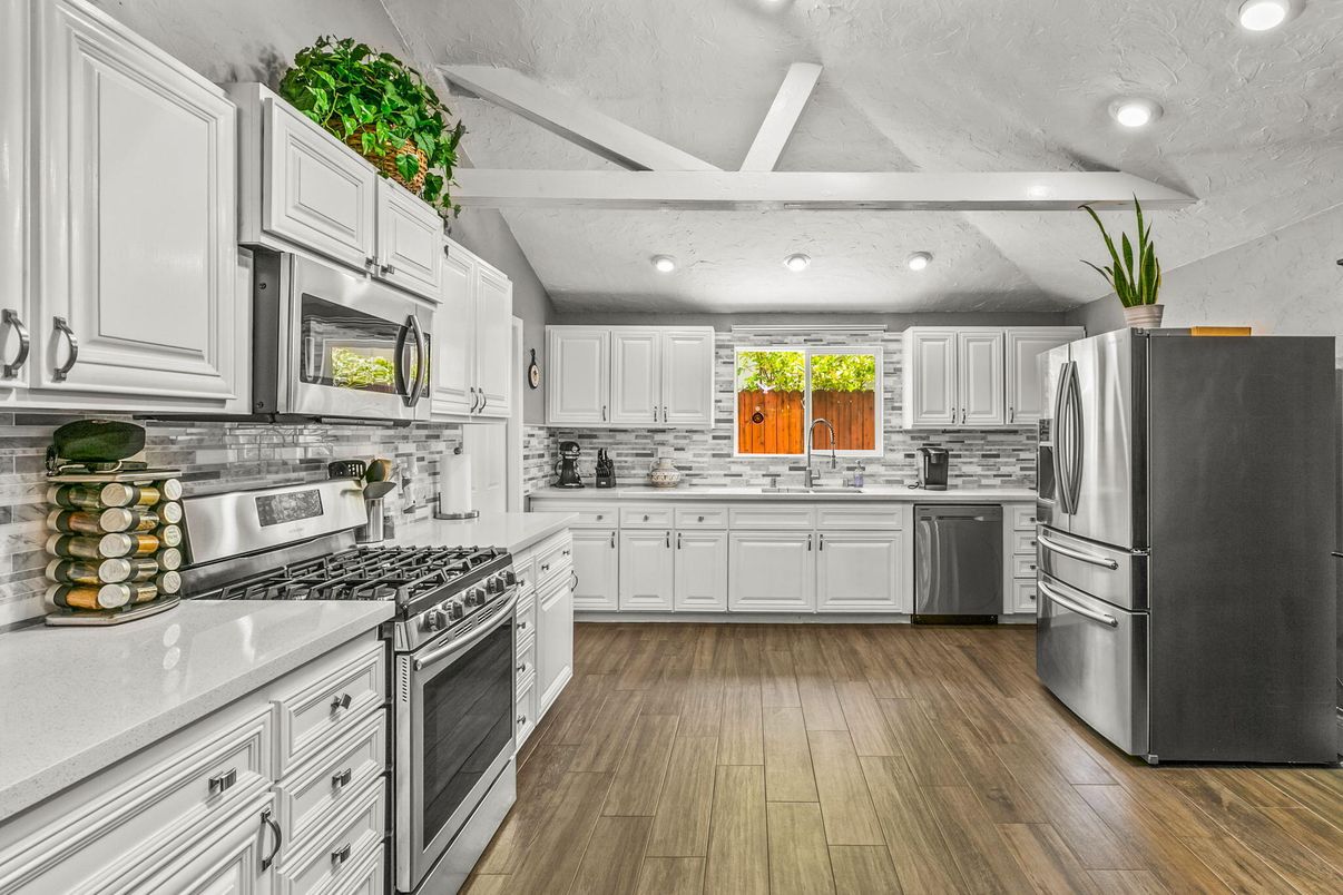 Interior, Kitchen, Recessed Lighting, Stainless Steel Appliances, Wood Texture Flooring